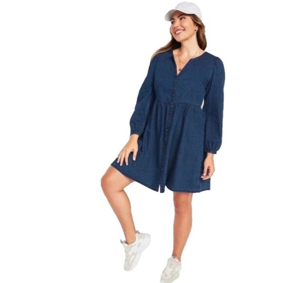 Old Navy Fit and Flare Mini Dress Dark Denim Chambray Button Front Plus 2X Shift - Picture 1 of 8